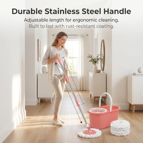 Pink Spin Mop and Bucket with Wringer Set 360 Rotating Mop 3 Mop Refills