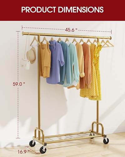 Sakugi Clothes Rack - Large-Capacity Clothing Racks for Hanging Clothes with Lockable Wheels, Space-Saving Metal Coat Rack for Bedroom, Laundry Room, Entryway, 45.6" x 16.9" x 59", Gold - color: Gold, size: 45.6" x 16.9" x 59"(1 Rod)