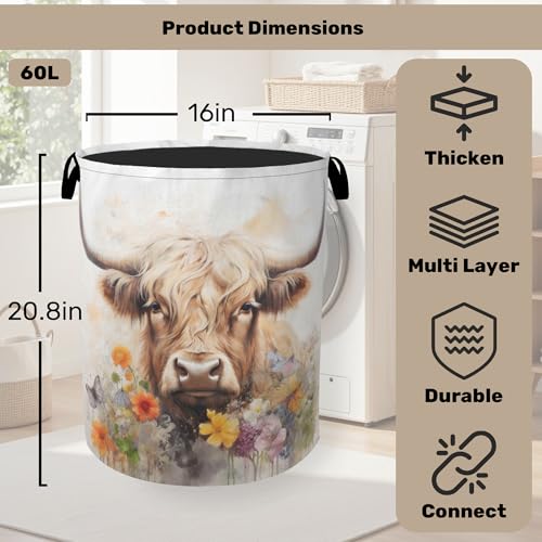 Highland Cow Summer Flowers Large Clothes Hamper Bag - Laundry Basket with Handles, Space Saving Foldable Design for Nursery - color: Highland Cow Summer Flowers