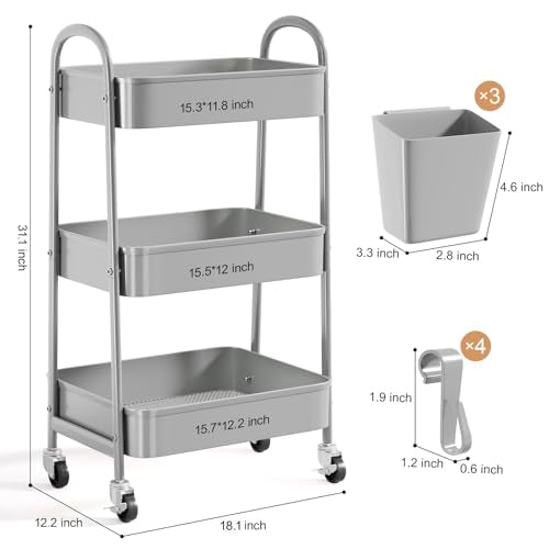 3 Tier Gray Metal Rolling Cart, Storage Cart with Handle & Lockable Wheels - color: Calm Gray, size: 3 tier