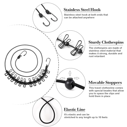 HAWATOUR Retractable Travel Clothesline with 12 Pcs Clothespins, Black