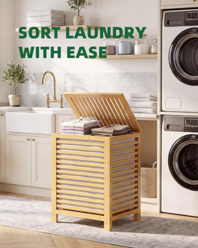SMIBUY Double Laundry Hamper with Lid, 120L Bamboo Laundry Basket with Removable Liner Bag, 2-Section Clothes Divider Laundry Sorter for Laundry Room, Bathroom, Bedroom (Natural) - color: Natural