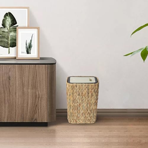 Trongee Boho Trash Can with Lid for Bathroom,2.6 Gallon Small Rattan Garbage Can with Press Top Lid,Woven Wastebasket and Hamper 2 in 1 Wicker Trash Basket for Bathroom,Kitchen,Living Room,Bedroom - color: Water Hyacinth