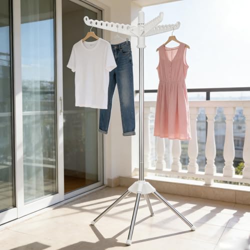 Rotatable and Foldable Clothes Drying Rack 59 Inch Laundry Drying Tree with 27 Hanging Holes, Space-Saving 4-Legged Free Standing Hanger Stand for Indoor, Balcony and Laundry Room
