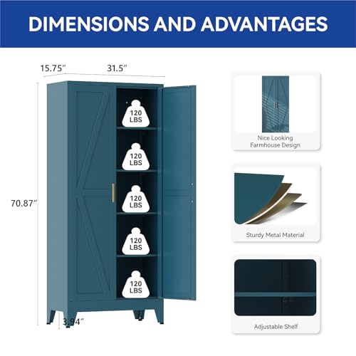 COFaR Metal Pantry Cabinet with Doors, Farmhouse 71'' Tall Storage Cabinet with 4 Adjustable Shelves, Kitchen Pantry Cabinet for Dinning Room, Laundry, Peacock Blue 5-Tier - color: Peacock Blue, size: 71'' 2 Doors 0 Drawer-Barn Door