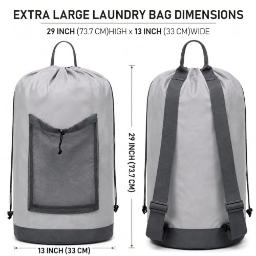 Backpack Laundry Bag, Durable polyster Laundry Backpack Bag with Shoulder Straps, Drawstring Closure & Mesh Pocket, Large Clothes Hamper for Dorm, Travel, Laundromat (Gray) - color: Gray