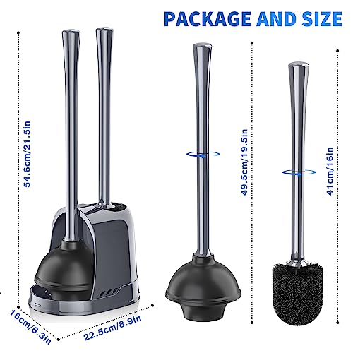 Toilet Plunger and Brush, Silicone Bowl Brush and Heavy Duty Toilet Plunger Set with Ventilated Holder, 2-in-1 Toilet Brush and Plunger Combo for 5.3-inch Bathroom Cleaning (Gray, 1 Set) - color: Gray