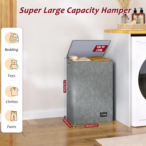 110L Laundry Hamper with Lid, Reinforced Sturdy Large Laundry Hamper with Handle and Lid, Collapsible Clothes Basket Organizer with Removable Liner Bag, Tall Dirty Clothes Bin for Dorm Bedroom - color: Grey, size: 110L