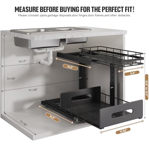 Under Sink Organizer Upgrade To Professional Rails,2-Tier Dual Pull Out Cabinet Storage,Height Adjustable Slide Out Drawers For Bathroom Kitchen,2 Pack-14.5" Dx12.8-16.9" H,Black - color: Black, size: 2 Pack-14.5"Dx12.8"-16.9"H