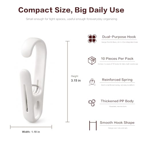 ZICO 10-Pack White 2-in-1 Clip Hooks, Multi-Functional Hook Clips with Secure Grip, No-Adhesive Reusable Hanger Clips for Towels, Socks, Shower Curtains, Kitchen Tools, Bathroom, Closet & Laundry