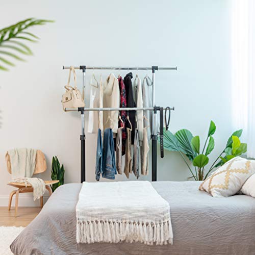 IRIS USA Portable Double-Rod Height Adjustable Clothes Rack with Extendable Bar and Lockable Wheels, Rolling Garment, Double Rod Wardrobe Rack, Easy Assemble, for Clothes, Belts, Shoes, and Bags - style: Double Extendable-Width Rods