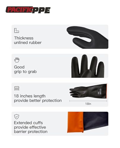 PACIFIC PPE 18 Inch Latex Chemical Resistant Gloves, Waterproof, Heavy Duty - color: 18"/Black (1 Pair), size: XL/10
