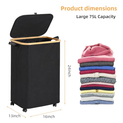 Slim Laundry Hamper with Wheels 75L with Removable Wash Bag Black - color: Black, size: 75L