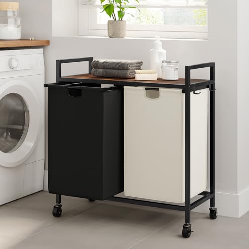 WOWLIVE Double Laundry Hamper with Wheels, Rolling Laundry Basket Organizer - color: Black and Beige, size: 110l (30.0 x 13 x 32 Inches)
