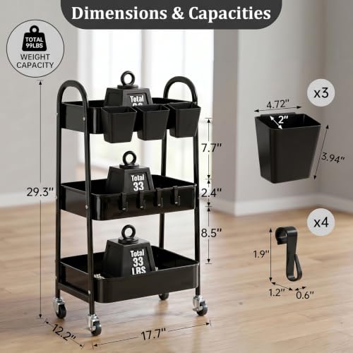 danpinera 3-Tier Rolling Cart, Utility Cart Mobile Metal Rolling Storage Cart with Lockable Wheels & Hanging Cups & Hooks for Kitchen, Bathroom, Office, Workshop, Black - color: Black, size: 3 tier