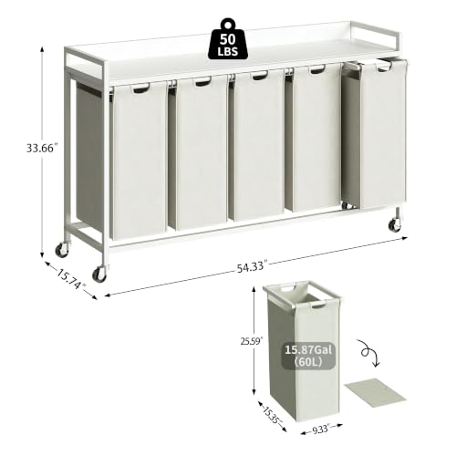 Herture Laundry Hamper with Shelf, Laundry Basket 5 Section, Laundry Sorter with Pull-Out Removable Large Bags and Movable Wheels, Metal Frame, 5 x 15.87 Gallons (60L), White PF08XLW - color: White, size: 5 Bags-300 L