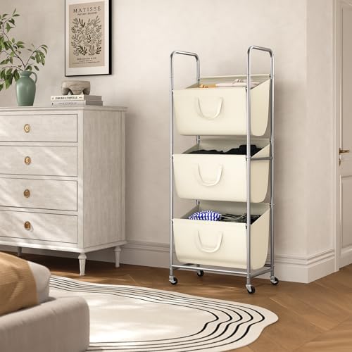 ELYKEN 3-Tier Vertical Rolling Laundry Hamper with Wheels & Removable Bags - color: Creamy