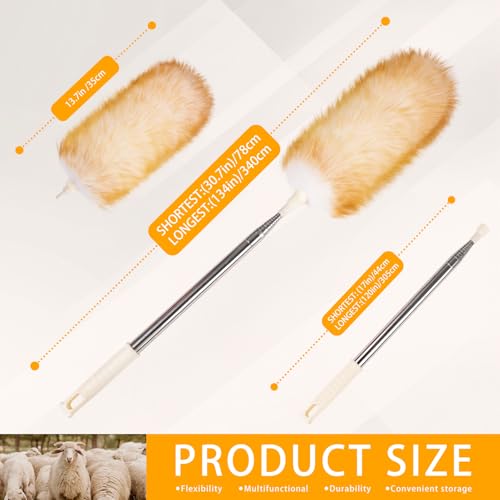 Extendable Lambswool Duster Stainless Steel Handle 133" Removable Feather Duster for Cleaning Ceiling Fans Interior Roof Furniture, Yellow - color: Yellow+white, size: 30-133 Inch
