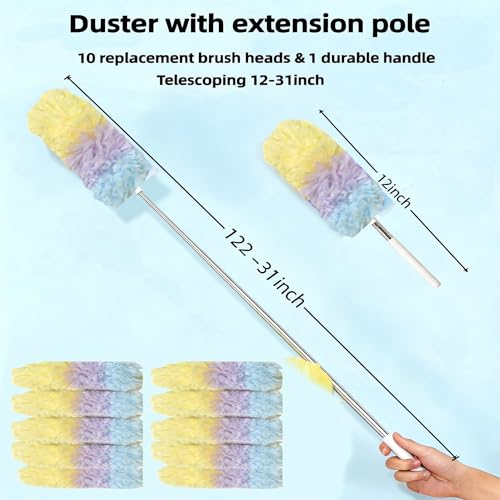 Heavy Duty Duster Refills, Disposable Dusters Kit for Cleaning Dusting Furniture Blind Ceiling Fan, Multi Surface 360 Feather Duster(10)+3FT Extended Handle(1) (Colorful) - color: Colorful