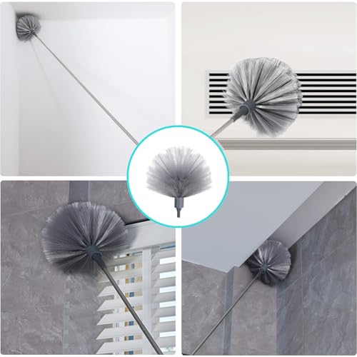 Cobweb Duster with Extension Pole & 3 Clean Head, Medium Stiff Bristles Cobweb Duster Head & 1.8 to 7.2-Feet Scalable Stainless Steel Pole Ceiling Fan Duster for Outdoor Indoor Cleaning