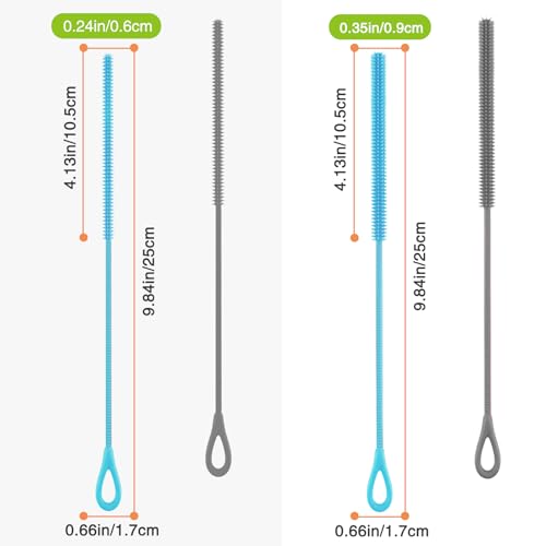 4 Pcs Silicone Straw Cleaner Brush, Reusable Straw Brush Extra Long for Cleaning Glass Metal Smoothie Straws, Non-Slip Handle Soft Bendable, 6mm+9mm, Blue & Gray - color: Gray & Blue