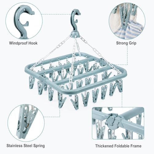 32-Clip Hanging Drying Rack, Thickened Plastic Windproof Clothes Hanger with Clips, Foldable Sock Drying Rack for Underwear, Clothes, Towels and Small Laundry, Indoor Outdoor Laundry Hanger (Blue) - color: Blue