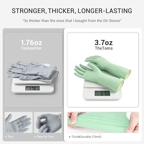 ThxToms 4 Pairs Reusable Dishwashing Cleaning Gloves,10 Mil Thick, 13" - size: Medium