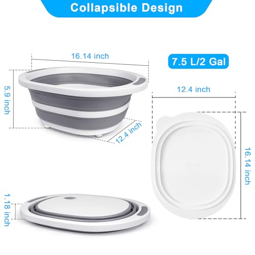 Collapsible Wash Basin, 7.5L Dish Tub Sink Basin Folding Dish Pans for Kitchen Sink, 2-in-1 Dishpan + Cutting Board, Portable Sink Dish Basin for Camping BBQ Prep Tub Washing Bin with Drain Plug + Lid - style: With Drain Plug + Lid