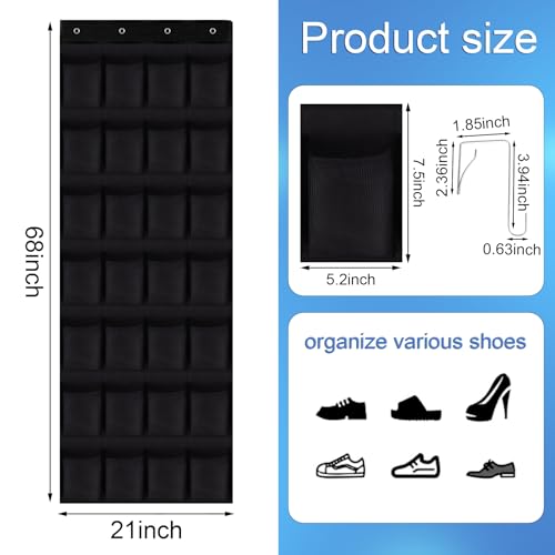 28 Mesh Pockets Hanging Over the Door Shoe Organizer (Black) - color: Black, size: 68"x22"