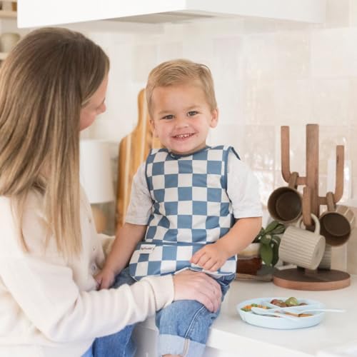Tiny Twinkle Mess Proof Baby Bib for Boys | Waterproof Toddler Bib for Eating | Baby Apron for Feeding, Machine Washable | Perfect Shower Gift (Blue Checkers, 6–24M) - color: Blue Checkers, size: Small 6-24 Months