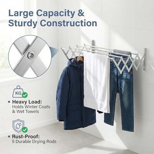 Laundry Drying Rack Wall Mount - Towel Rack Collapsible, Retractable Drying Rack Easy Install Space Saving with 5 Drying Rods
