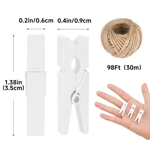 jijAcraft 1.4Inch Mini Clothes Pins - 100Pcs Wooden Clothespins with String - color: White, size: 1.4 inch, 100 pcs