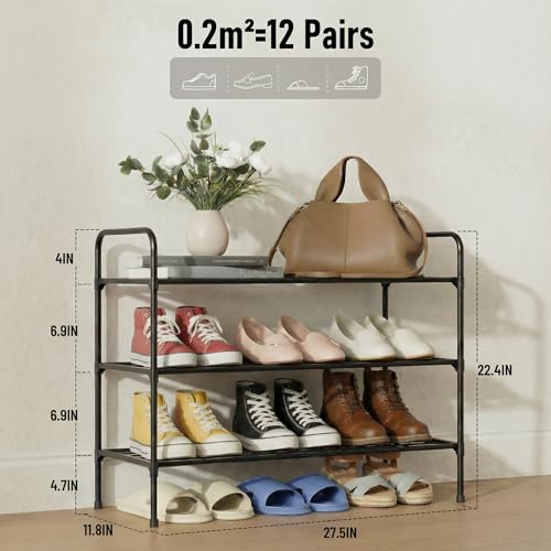 3-Tler Shoe Rack Organlzer, Rustproof lron, Spaclous Shoe Storage Shelf for Closet or Entryway, Fits Sneakers & Slippers, Black - color: Black, size: 27.6" x 11.8" x 22"
