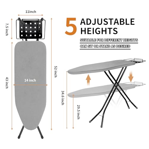Ironing Board, 43x14 Inch Iron Board with Steam Rest, Heavy Duty Metal Frame Legs Ironing Table with Heat Resistant Cover Mat, Foldable Full Size Hanger Ironing Stand (Grey, 52" L x 14" W x 34.6" H) - color: Gray