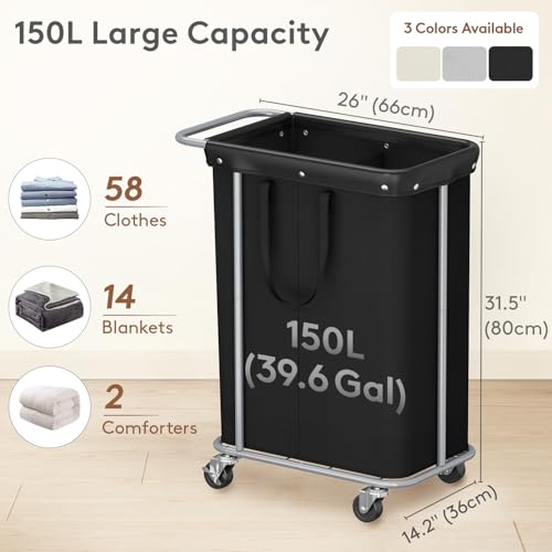 Lifewit 150L Rolling Laundry Basket with Steel Frame, Removable Bag, Black - color: Black, size: 150L