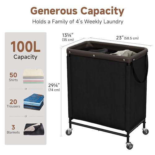 StorageWorks 2 Section Laundry Hamper, 100L Black Sorter Cart with Wheels - color: Black, size: 100L(2-Section)