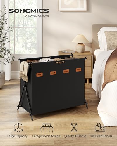 SONGMICS Laundry Hamper, 41 Gal. 4 Sections, Collapsible X-Frame - color: Ink Black, size: 155 L