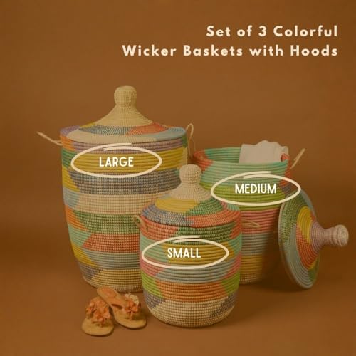 Decorative Colorful Hamper for Laundry, Handwoven in Senegal, Extra Large, 20" Wide, 26" Tall (3pcs (S/M/L)) - size: 3pcs (S/M/L)
