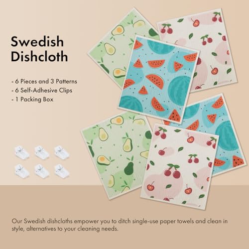 Swedish Dishcloths for Kitchen, 6 Pack Fruit Swedish Dish Towels with Clips, Reusable Paper Towels Washable Non-Scratch Super Absorbent Cellulose Sponge Cloths, Biodegradable No Odor - color: Fruit