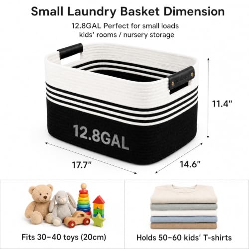 Cotton Rope Laundry Basket Small, 12.8GAL Collapsible Woven Storage Baskets for Living Room Kids Toys Stuffed Animal,Boho Rectangular Decorative Short Hamper for Dirty Clothes, Blankets White Black - color: WhiteBlack, size: 12.8GAL