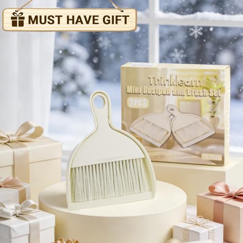 THINKLEARN 2PCS Small Dust Pan and Brush Set, Mini Broom Dustpan Kit - color: Beige