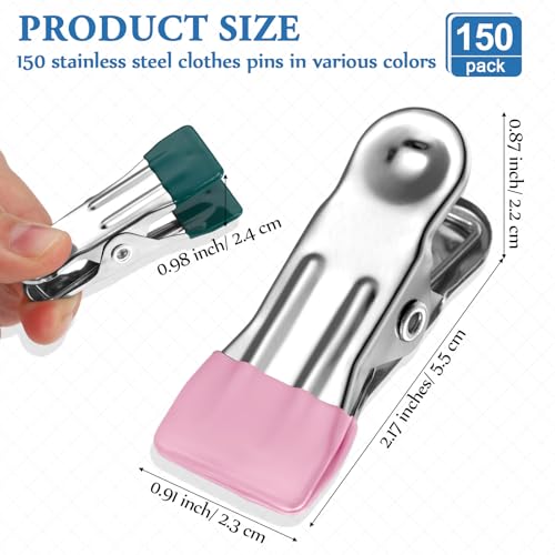 Honeydak 150 Pcs Stainless Steel Clothes Pins 2.17 Inch Heavy Duty Clips Bulk Bag Clips for Food Metal Clothespins for Laundry Clothes Line, Sock, Photo, Towel, Snack - color: Multicolor