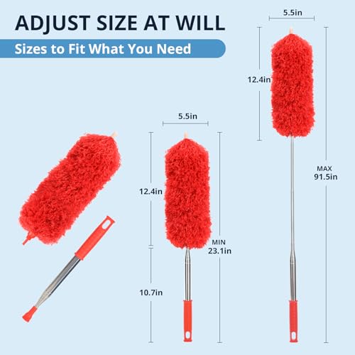 ZZ LAZYCOTTAGE Microfiber Duster with Extension Pole,Washable Bendable Head Ceiling Fan Duster,15-100 inch (Red) - color: Red