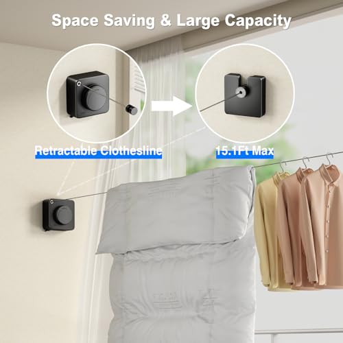 MUSTORN Retractable Clothesline Indoor, Non-Sagging Outdoor Clothes Line Retracting Heavy Duty Clothes Drying Laundry Line Wall Mounted Stainless Steel Line-13.8 Feets(Black) - color: Black