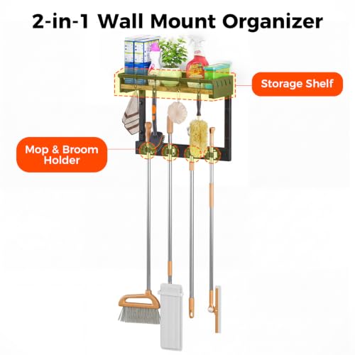 Broom Holder Wall Mount with Shelf,Broom Hanger with 4 Hooks,Broom and Mop Organizer Wall Hanging for Laundry,Garage, Utility,Broom Rack,Cleaning Supplies Organizer and Tool Storage,Black - color: Black, size: S