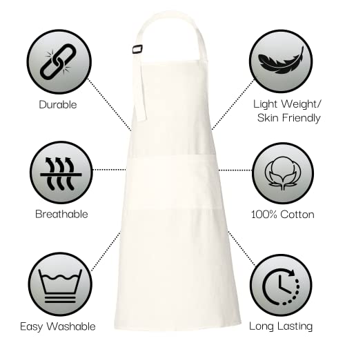 RAJRANG 100% Cotton Cooking Apron with 3 Pockets Kitchen Chef BBQ Adjustable Bib Aprons for Women Men - color: Marshmallow White