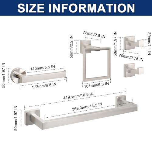 NearMoon 5 Pieces Bathroom Hardware Set 304 Stainless Steel - Square Towel Rack Set Include 16" Towel Rod + Towel Ring + Toilet Paper Holder + 2 Robe Towel Hooks Bathroom Accessories (Brushed Nickel) - color: Brushed Nickel, size: 16 inch