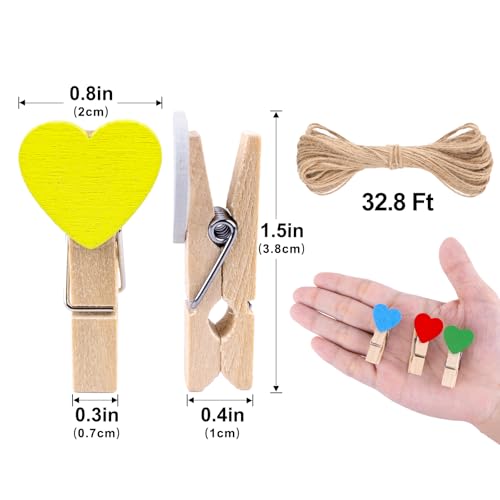 jijAcraft Clothespins with String - 50Pcs Mini Wooden Clothes Pins with Heart, 10Colors Heart Clips, 1.4Inch Small Photo Craft Clip for Baby Shower, Wedding, Birthday - color: 10colors