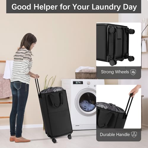 Bukere Extra Large Rolling Laundry Basket with Wheels, 90L Freestanding Collapsible Laundry Hamper Bag for Clothes Storage, Removable Wheeled Cart for College Dorm Apartment Laundry Room Bathroom - color: Darkgrey