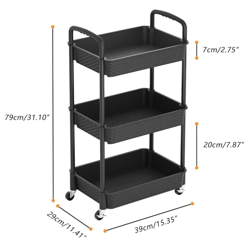 MOYIPIN 3-Tier Plastic Rolling Utility Cart with Handle,Black - color: Black, size: 3-Tiers without cups